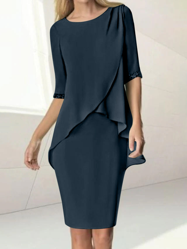 Sheath/Column Jewel Neck Knee-Length Half Sleeve Mother of the Bride Dresses with Beading Ruching