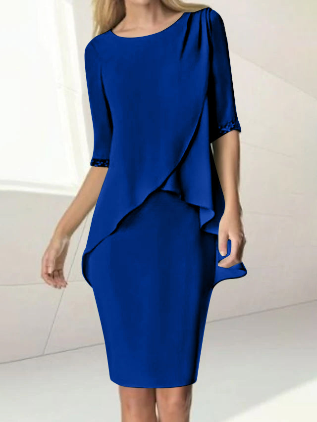 Sheath/Column Jewel Neck Knee-Length Half Sleeve Mother of the Bride Dresses with Beading Ruching