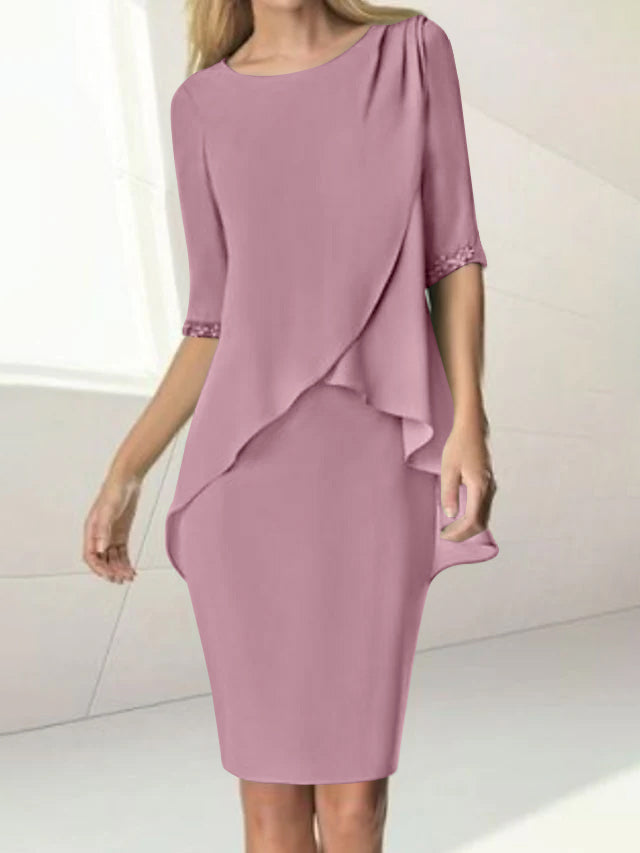 Sheath/Column Jewel Neck Knee-Length Half Sleeve Mother of the Bride Dresses with Beading Ruching