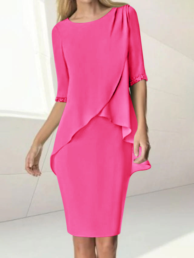 Sheath/Column Jewel Neck Knee-Length Half Sleeve Mother of the Bride Dresses with Beading Ruching