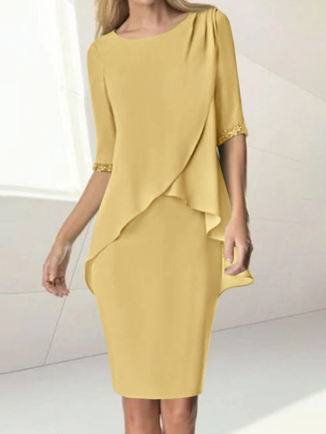 Sheath/Column Jewel Neck Knee-Length Half Sleeve Mother of the Bride Dresses with Beading Ruching