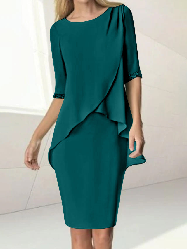 Sheath/Column Jewel Neck Knee-Length Half Sleeve Mother of the Bride Dresses with Beading Ruching