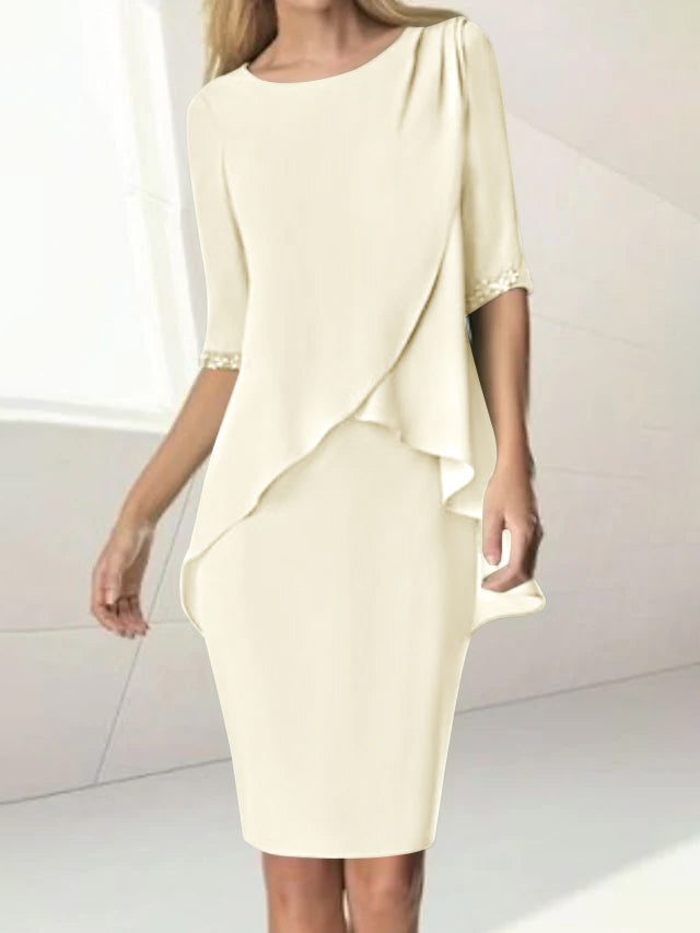 Sheath/Column Jewel Neck Knee-Length Half Sleeve Mother of the Bride Dresses with Beading Ruching