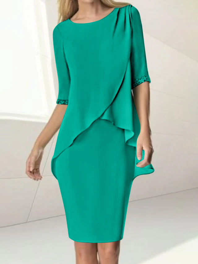 Sheath/Column Jewel Neck Knee-Length Half Sleeve Mother of the Bride Dresses with Beading Ruching