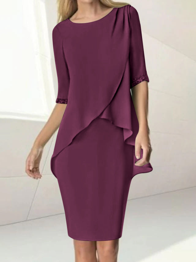 Sheath/Column Jewel Neck Knee-Length Half Sleeve Mother of the Bride Dresses with Beading Ruching