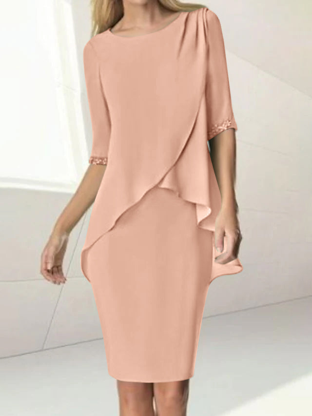 Sheath/Column Jewel Neck Knee-Length Half Sleeve Mother of the Bride Dresses with Beading Ruching