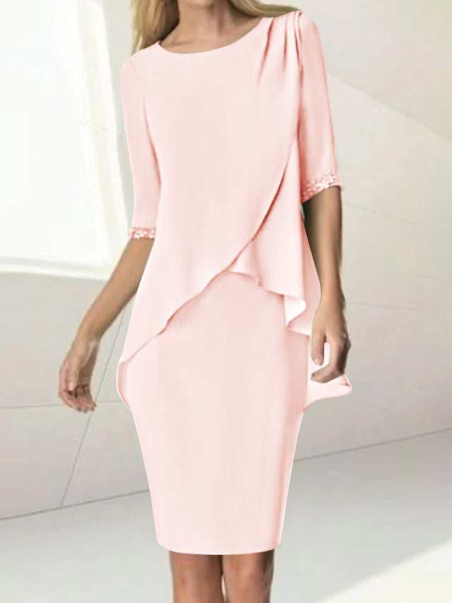 Sheath/Column Jewel Neck Knee-Length Half Sleeve Mother of the Bride Dresses with Beading Ruching