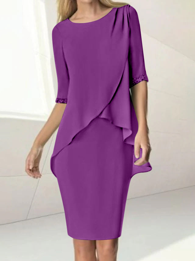 Sheath/Column Jewel Neck Knee-Length Half Sleeve Mother of the Bride Dresses with Beading Ruching