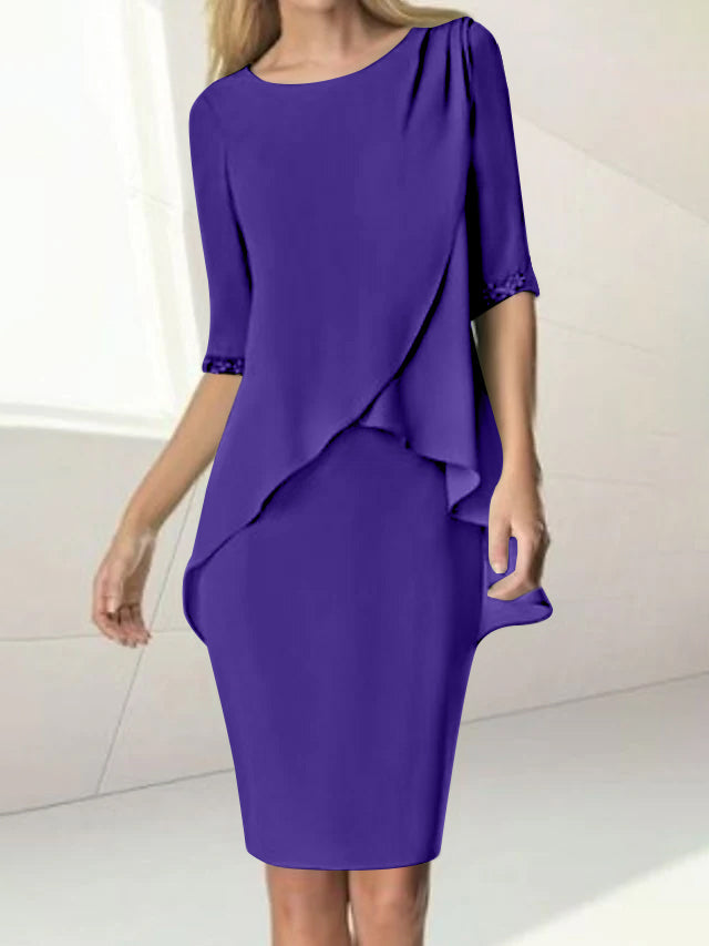 Sheath/Column Jewel Neck Knee-Length Half Sleeve Mother of the Bride Dresses with Beading Ruching