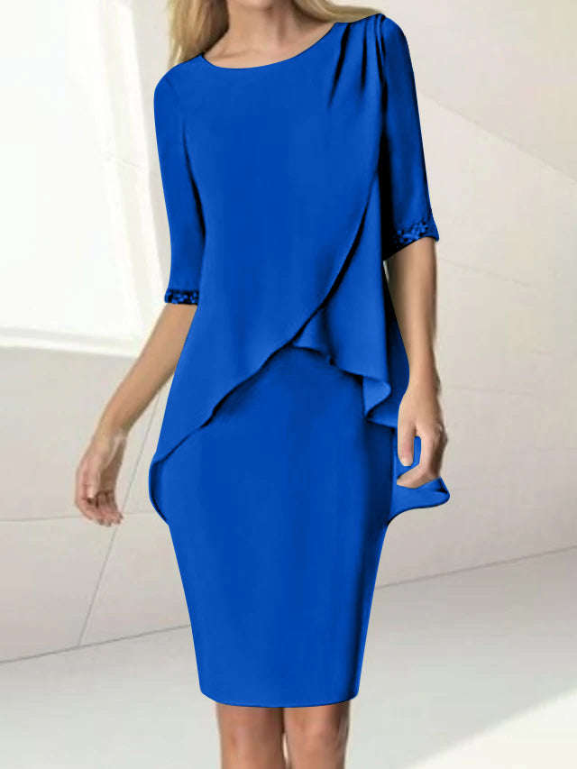 Sheath/Column Jewel Neck Knee-Length Half Sleeve Mother of the Bride Dresses with Beading Ruching