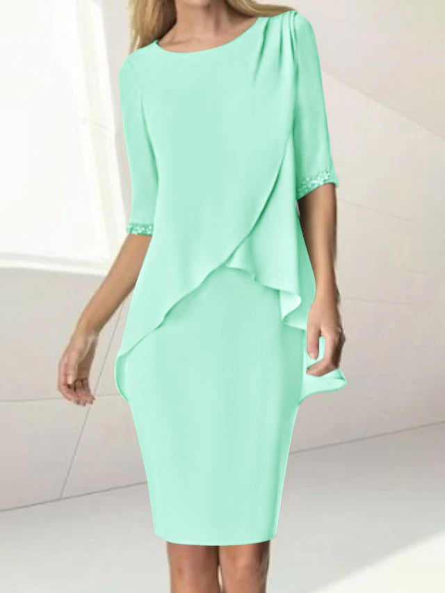 Sheath/Column Jewel Neck Knee-Length Half Sleeve Mother of the Bride Dresses with Beading Ruching