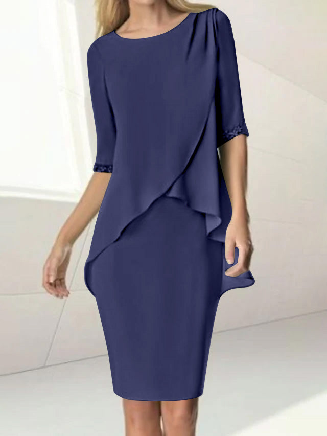 Sheath/Column Jewel Neck Knee-Length Half Sleeve Mother of the Bride Dresses with Beading Ruching