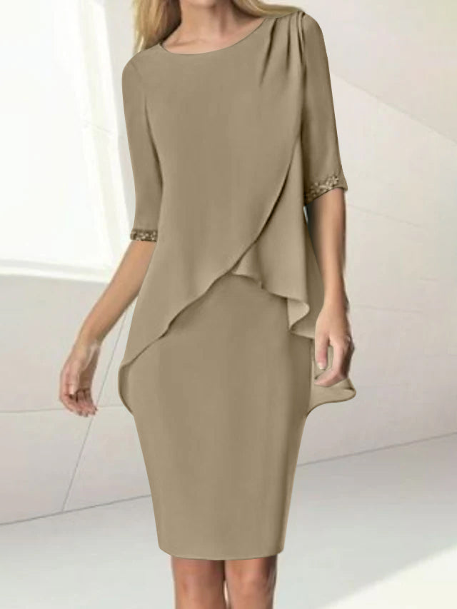 Sheath/Column Jewel Neck Knee-Length Half Sleeve Mother of the Bride Dresses with Beading Ruching