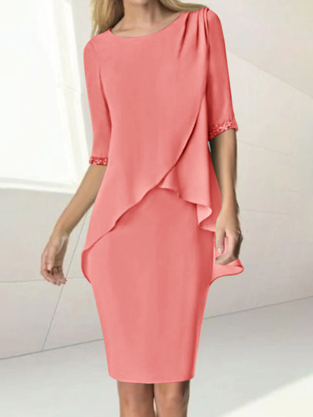 Sheath/Column Jewel Neck Knee-Length Half Sleeve Mother of the Bride Dresses with Beading Ruching