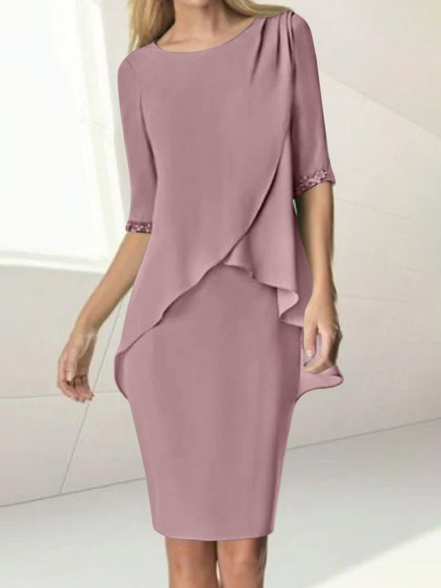 Sheath/Column Jewel Neck Knee-Length Half Sleeve Mother of the Bride Dresses with Beading Ruching