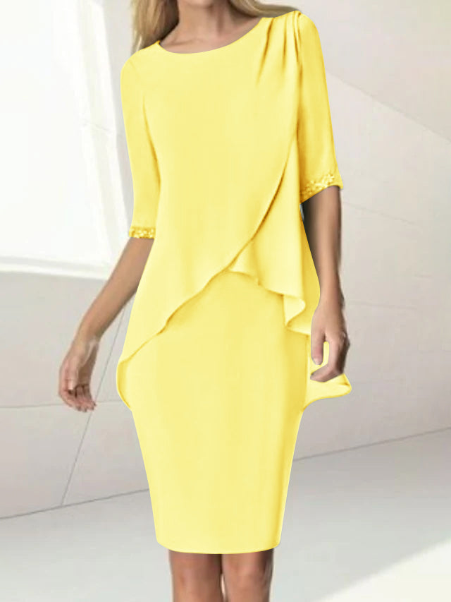 Sheath/Column Jewel Neck Knee-Length Half Sleeve Mother of the Bride Dresses with Beading Ruching