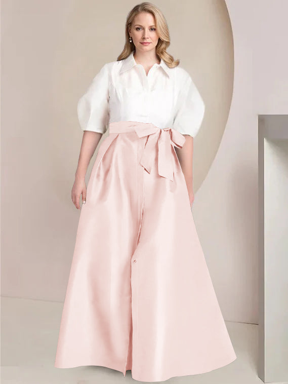 A-Line/Princess Shirt Collar Short Sleeves Floor-Length Plus Size Mother Of The Bride Dresses with Bowknot