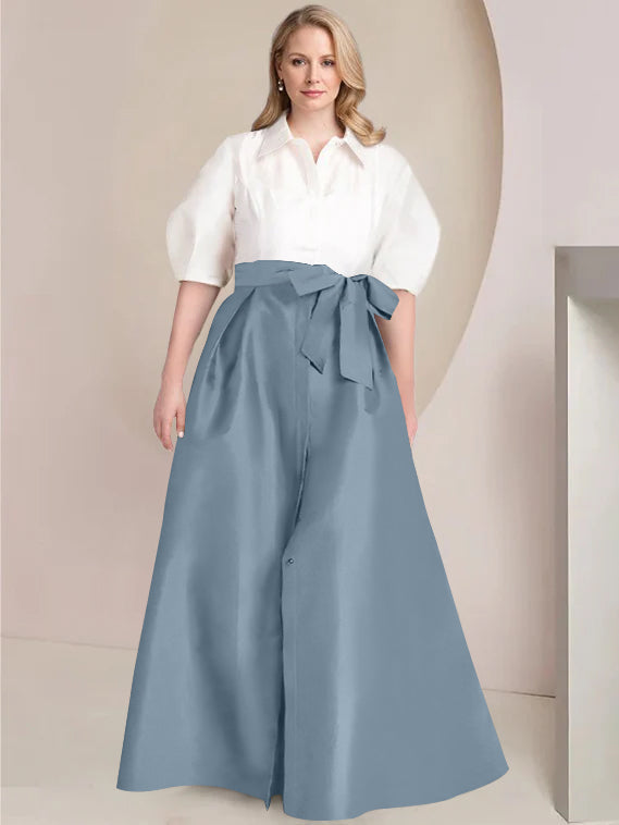 A-Line/Princess Shirt Collar Short Sleeves Floor-Length Plus Size Mother Of The Bride Dresses with Bowknot