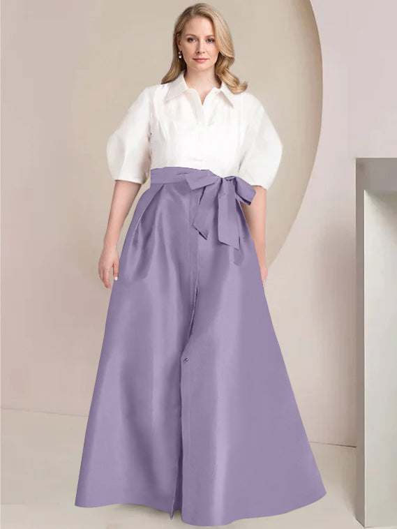 A-Line/Princess Shirt Collar Short Sleeves Floor-Length Plus Size Mother Of The Bride Dresses with Bowknot