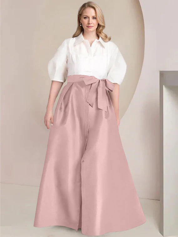 A-Line/Princess Shirt Collar Short Sleeves Floor-Length Plus Size Mother Of The Bride Dresses with Bowknot