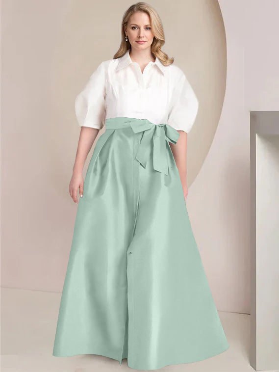 A-Line/Princess Shirt Collar Short Sleeves Floor-Length Plus Size Mother Of The Bride Dresses with Bowknot