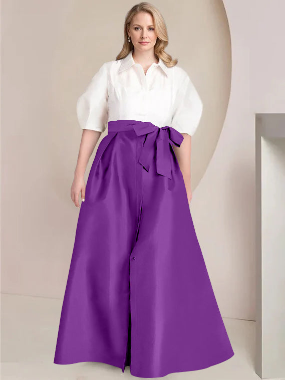 A-Line/Princess Shirt Collar Short Sleeves Floor-Length Plus Size Mother Of The Bride Dresses with Bowknot