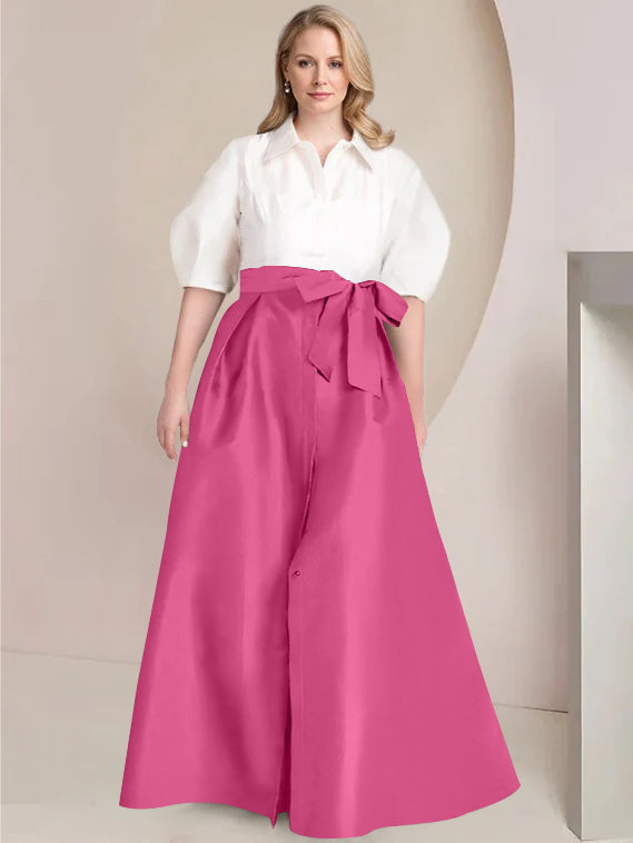 A-Line/Princess Shirt Collar Short Sleeves Floor-Length Plus Size Mother Of The Bride Dresses with Bowknot