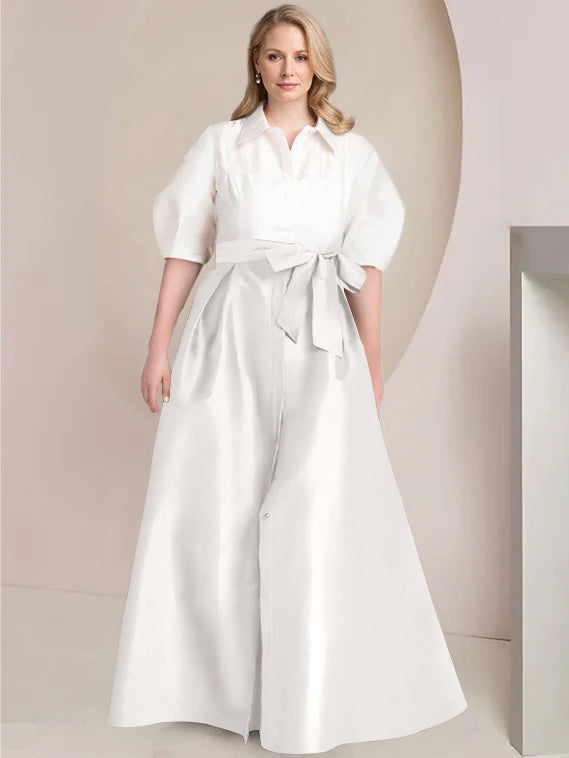 A-Line/Princess Shirt Collar Short Sleeves Floor-Length Plus Size Mother Of The Bride Dresses with Bowknot