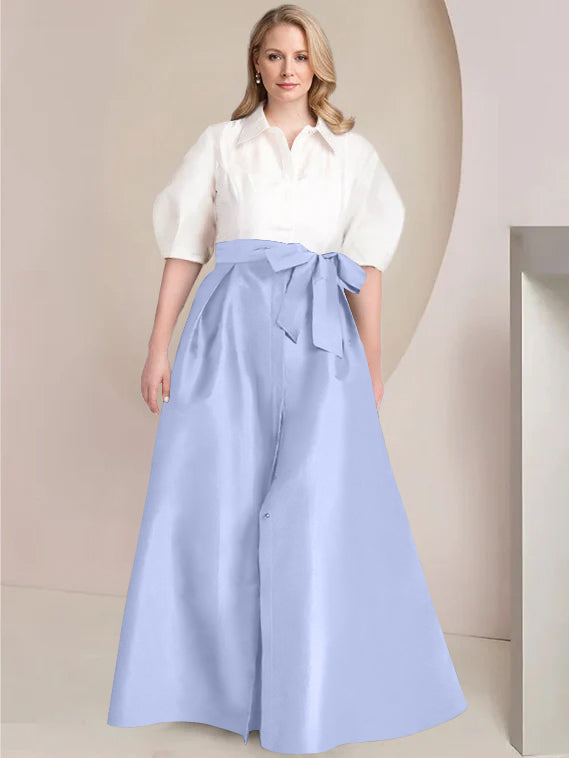 A-Line/Princess Shirt Collar Short Sleeves Floor-Length Plus Size Mother Of The Bride Dresses with Bowknot