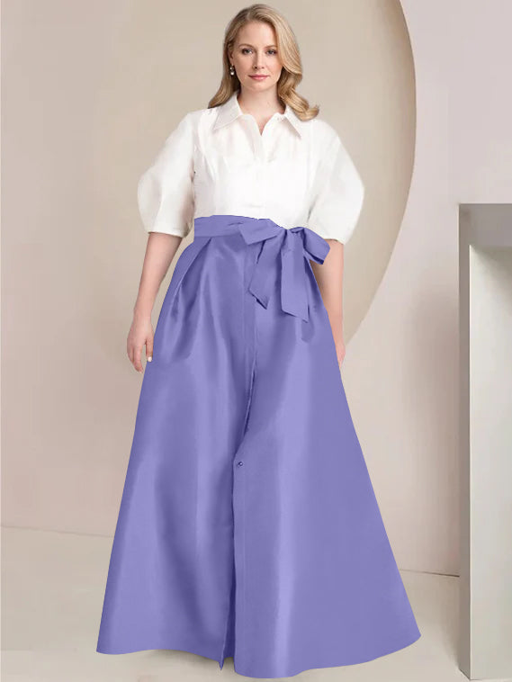 A-Line/Princess Shirt Collar Short Sleeves Floor-Length Plus Size Mother Of The Bride Dresses with Bowknot