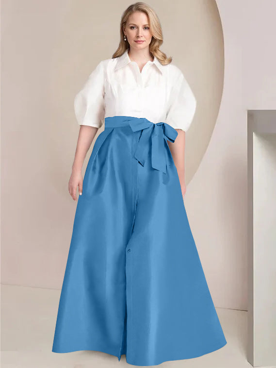 A-Line/Princess Shirt Collar Short Sleeves Floor-Length Plus Size Mother Of The Bride Dresses with Bowknot