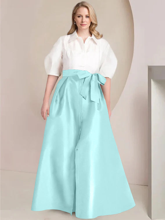 A-Line/Princess Shirt Collar Short Sleeves Floor-Length Plus Size Mother Of The Bride Dresses with Bowknot