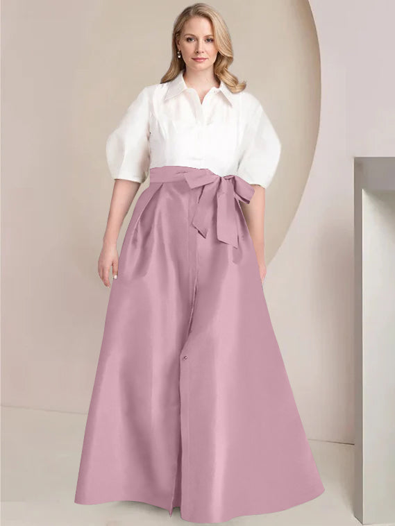 A-Line/Princess Shirt Collar Short Sleeves Floor-Length Plus Size Mother Of The Bride Dresses with Bowknot