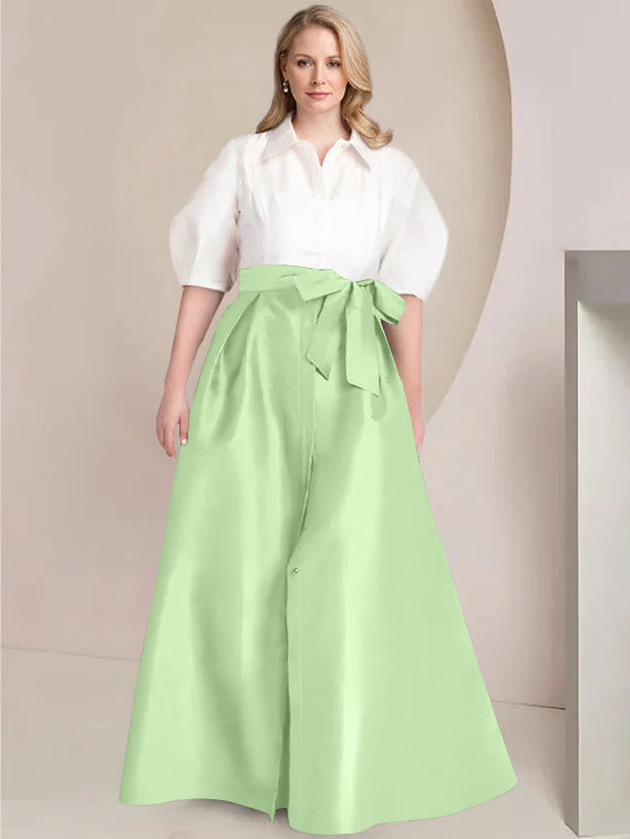 A-Line/Princess Shirt Collar Short Sleeves Floor-Length Plus Size Mother Of The Bride Dresses with Bowknot