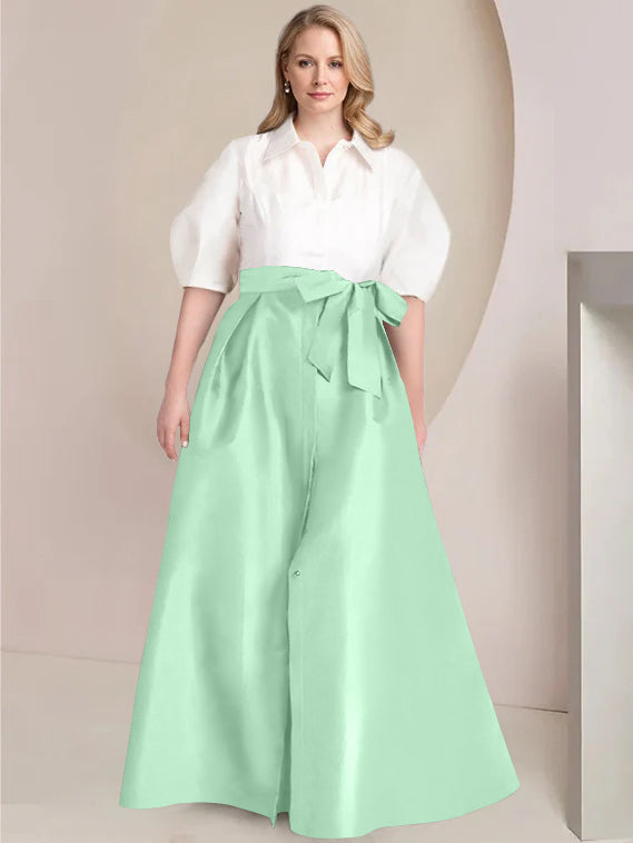 A-Line/Princess Shirt Collar Short Sleeves Floor-Length Plus Size Mother Of The Bride Dresses with Bowknot