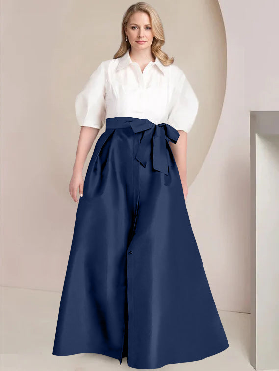 A-Line/Princess Shirt Collar Short Sleeves Floor-Length Plus Size Mother Of The Bride Dresses with Bowknot
