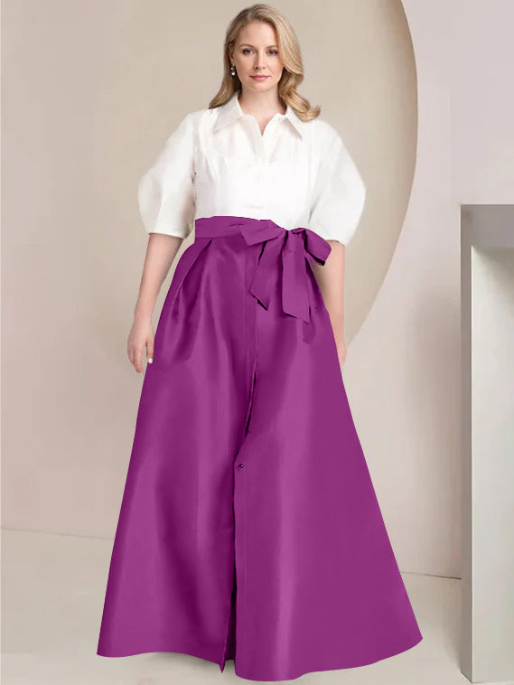 A-Line/Princess Shirt Collar Short Sleeves Floor-Length Plus Size Mother Of The Bride Dresses with Bowknot