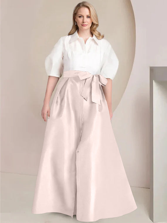 A-Line/Princess Shirt Collar Short Sleeves Floor-Length Plus Size Mother Of The Bride Dresses with Bowknot
