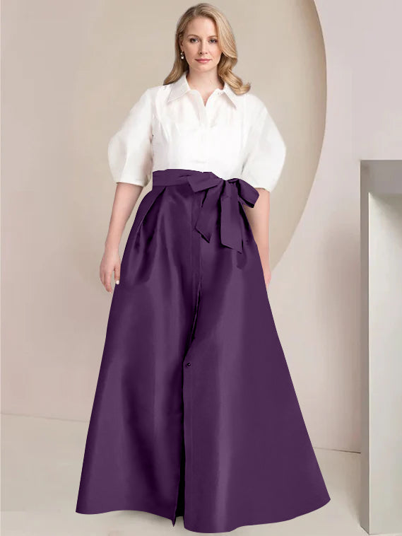 A-Line/Princess Shirt Collar Short Sleeves Floor-Length Plus Size Mother Of The Bride Dresses with Bowknot
