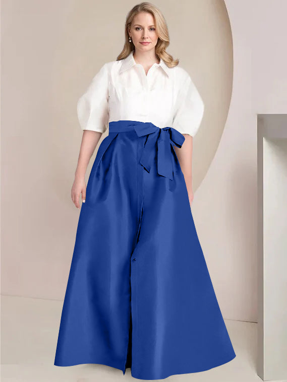 A-Line/Princess Shirt Collar Short Sleeves Floor-Length Plus Size Mother Of The Bride Dresses with Bowknot