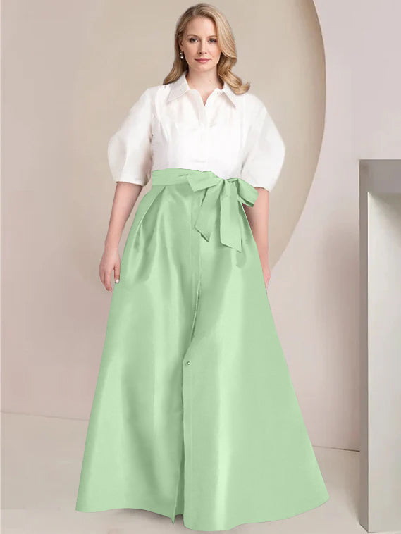 A-Line/Princess Shirt Collar Short Sleeves Floor-Length Plus Size Mother Of The Bride Dresses with Bowknot
