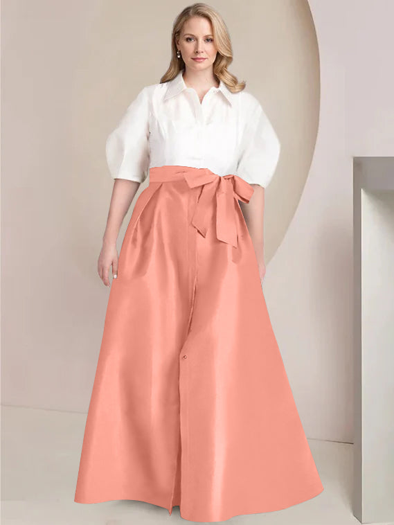 A-Line/Princess Shirt Collar Short Sleeves Floor-Length Plus Size Mother Of The Bride Dresses with Bowknot