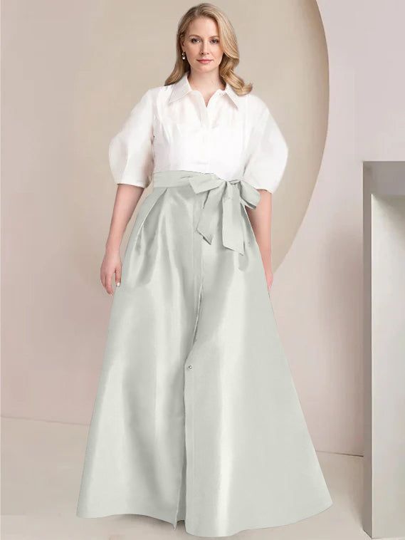 A-Line/Princess Shirt Collar Short Sleeves Floor-Length Plus Size Mother Of The Bride Dresses with Bowknot