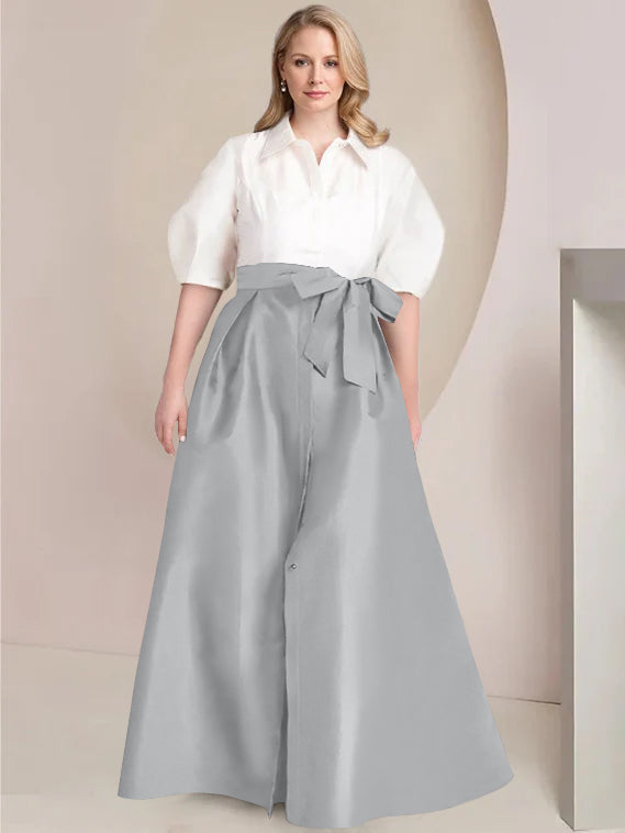 A-Line/Princess Shirt Collar Short Sleeves Floor-Length Plus Size Mother Of The Bride Dresses with Bowknot