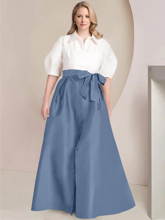 A-Line/Princess Shirt Collar Short Sleeves Floor-Length Plus Size Mother Of The Bride Dresses with Bowknot