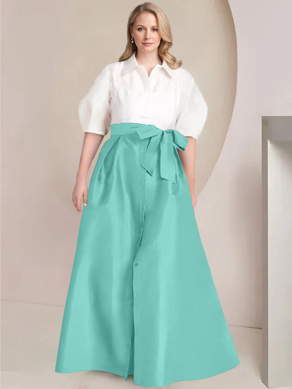 A-Line/Princess Shirt Collar Short Sleeves Floor-Length Plus Size Mother Of The Bride Dresses with Bowknot