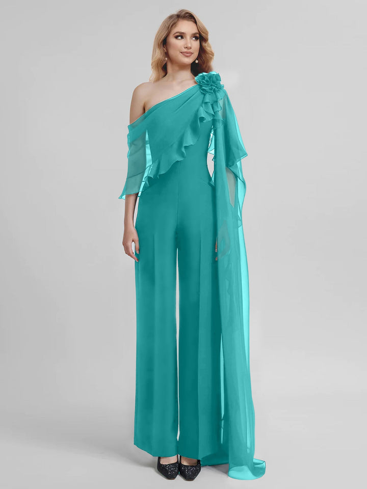 Jumpsuits One-Shoulder Half Sleeves Chiffon Mother Of The Bride Pantsuits