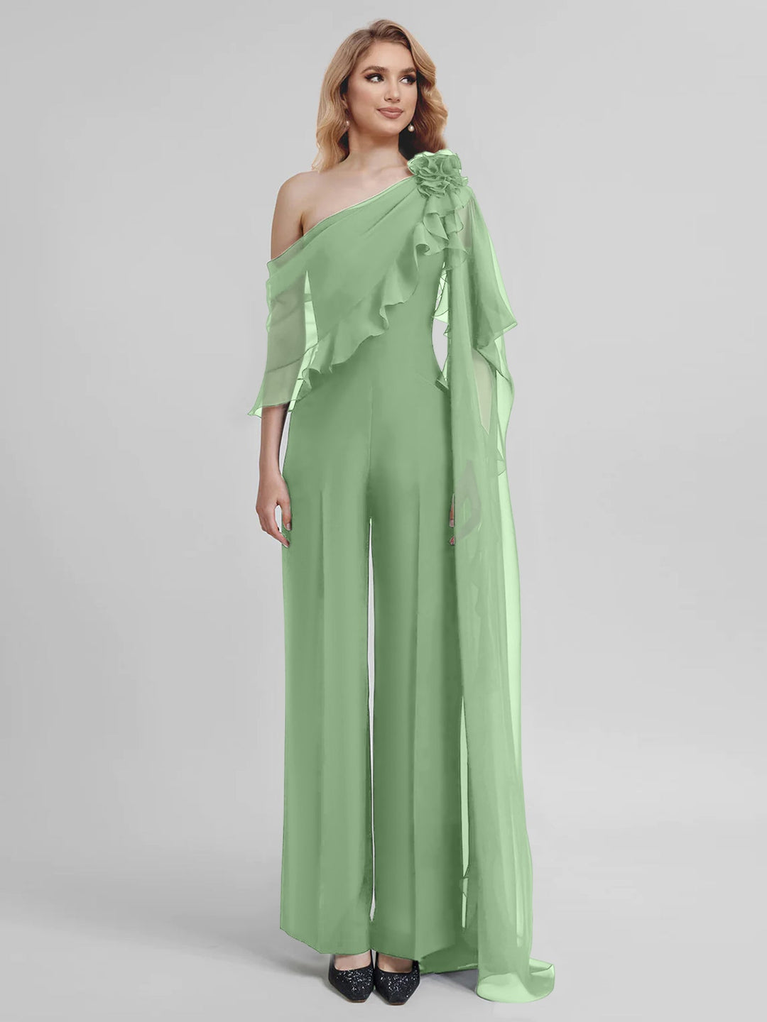 Jumpsuits One-Shoulder Half Sleeves Chiffon Mother Of The Bride Pantsuits