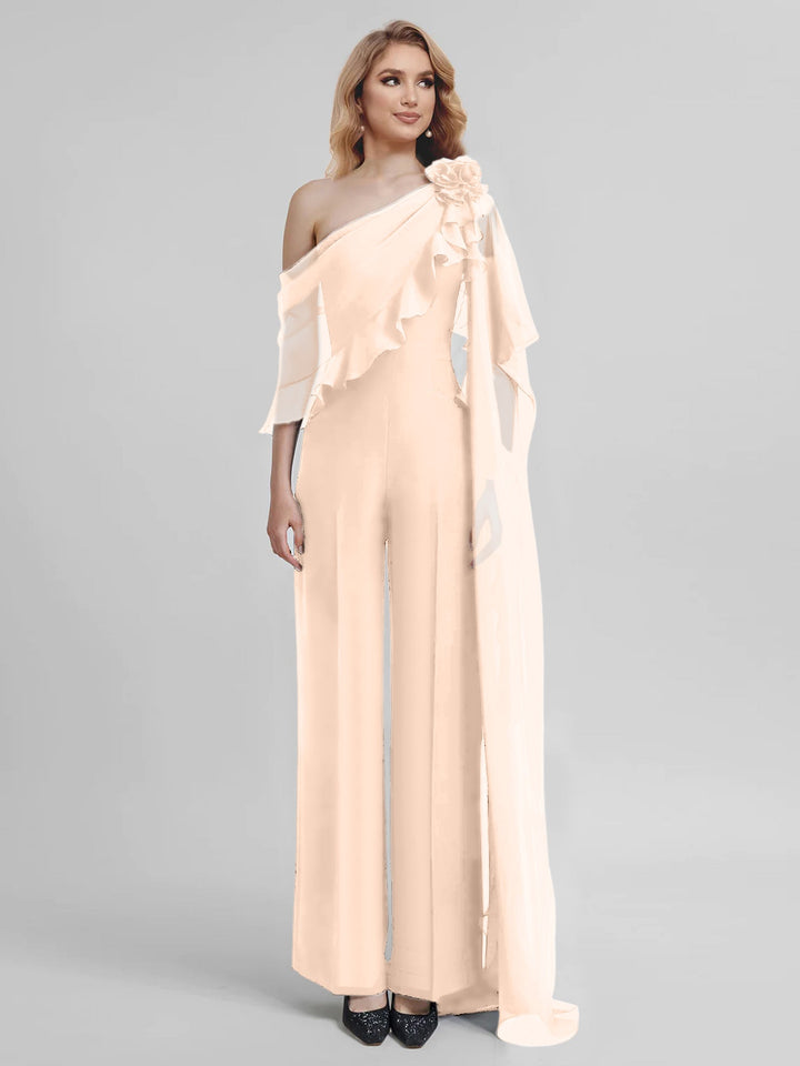 Jumpsuits One-Shoulder Half Sleeves Chiffon Mother Of The Bride Pantsuits