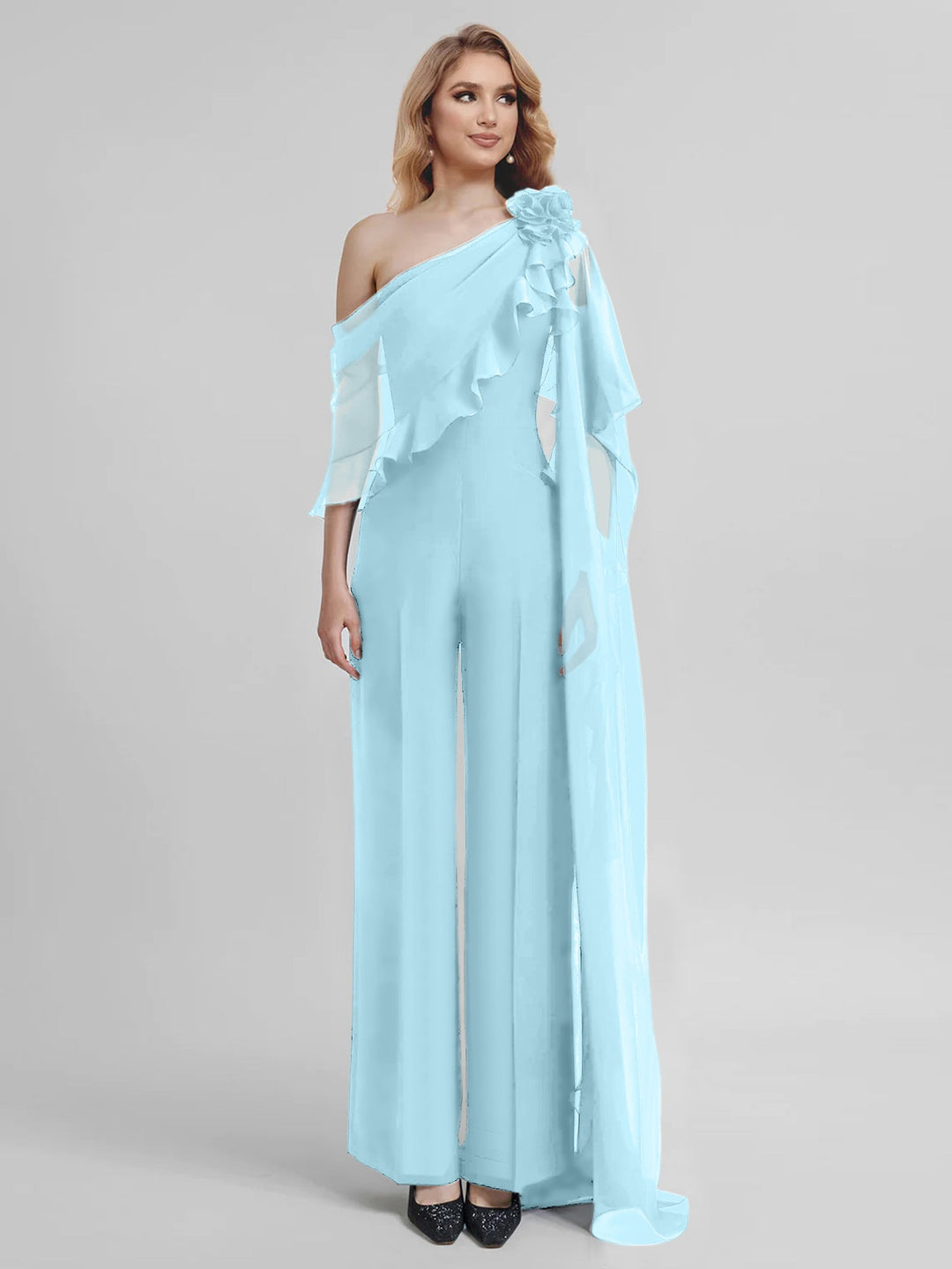 Jumpsuits One-Shoulder Half Sleeves Chiffon Mother Of The Bride Pantsuits